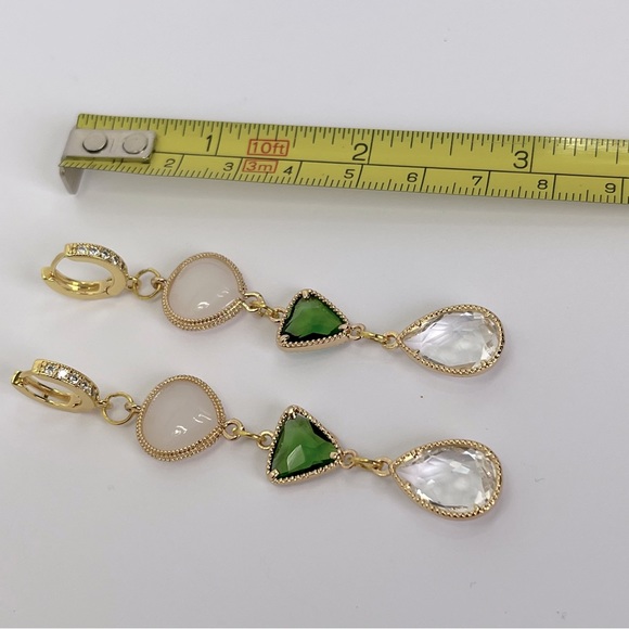Green Clear Ivory Glass Gold Trim White Rhinestone Gold Handmade Dangle Earrings - Picture 2 of 2